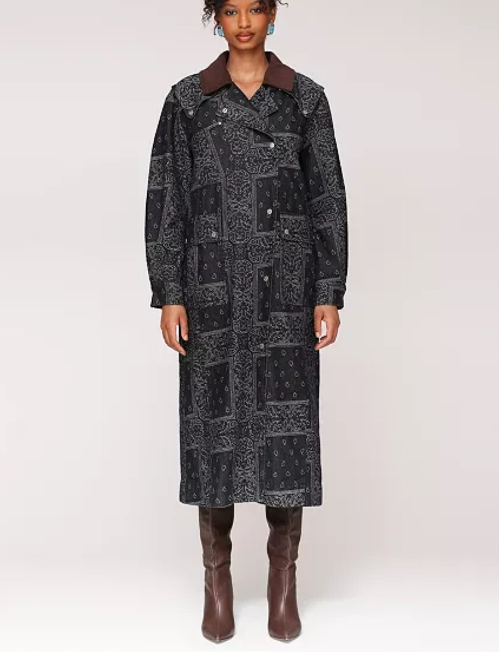 Avec Les Filles Black Paisley Bandana Print Trench Coat